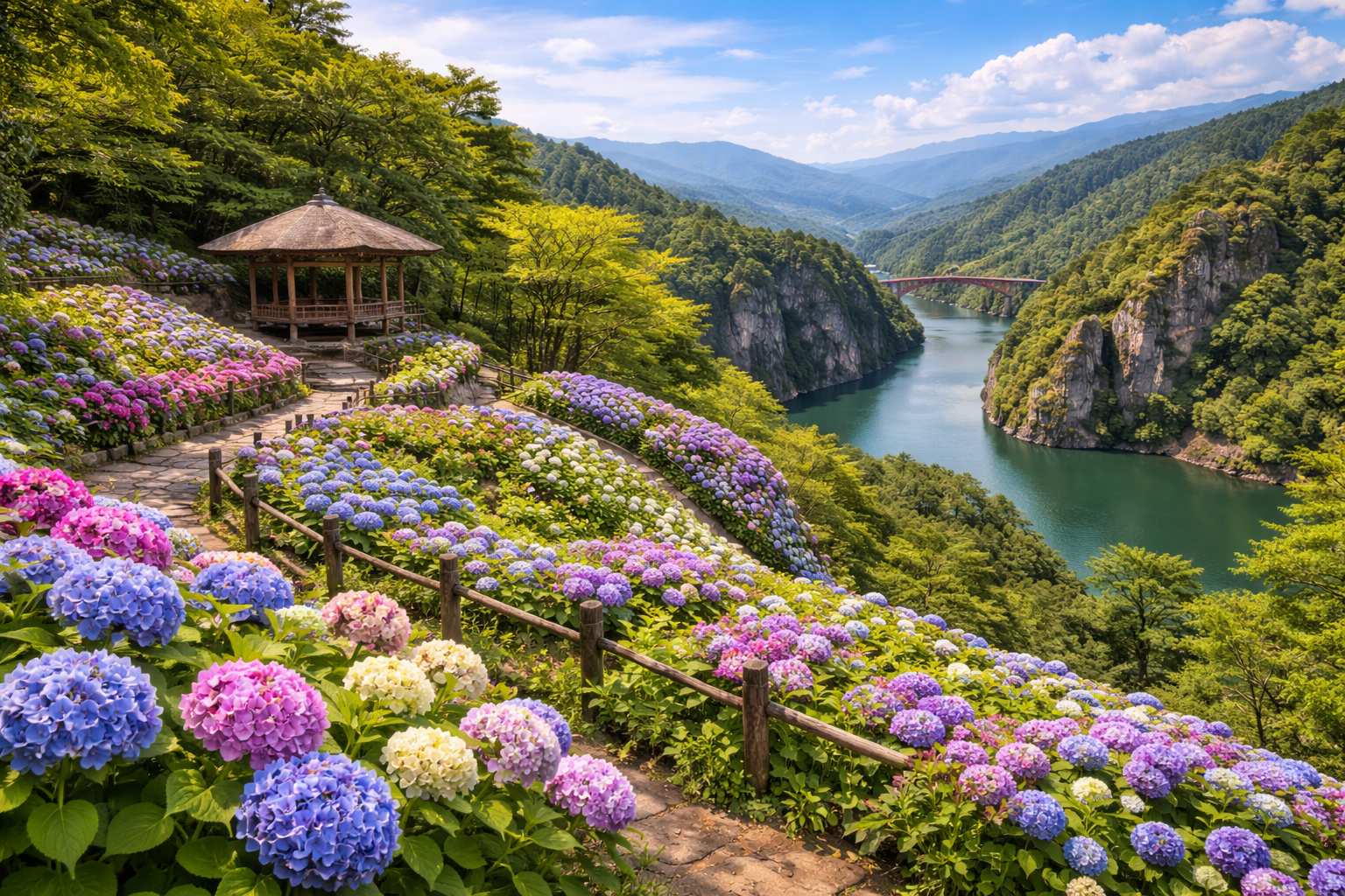 形原溫泉－ 紫陽花之里（六月期間限定）－惠那峽展望台－中山道第43號宿場－馬籠宿