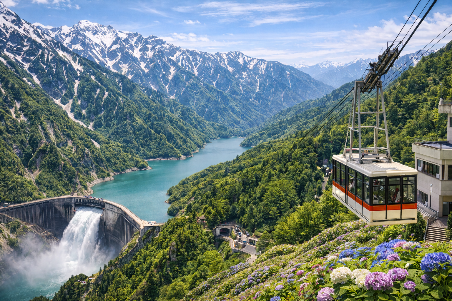 立山黑部 － 阿爾卑斯山脈路線扇澤車站～關電隧道電氣巴士－黑部水庫、黒部湖～黑部登山纜車黑部平～立山架空索道大觀峰～立山隧道無軌電車－雪之大谷、室堂（立山主峰）～立山高原巴士 － 彌陀原、美女平～立山登山纜車 － 立山車站