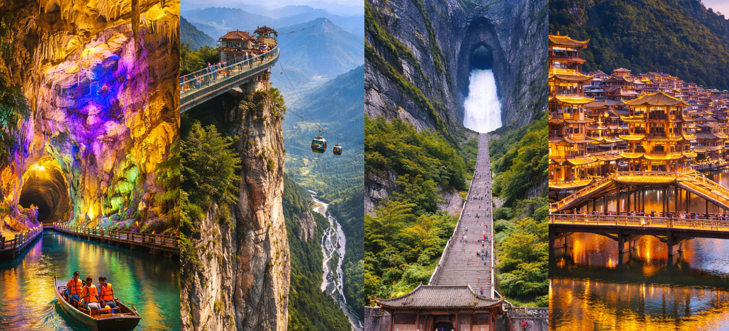 張家界【黃龍洞景區(含遊船+環保車)、天門山國家森林公園(含環保車+纜車)、鬼谷棧道(天空步道~含鞋套)、天門洞、72奇樓(外觀)】