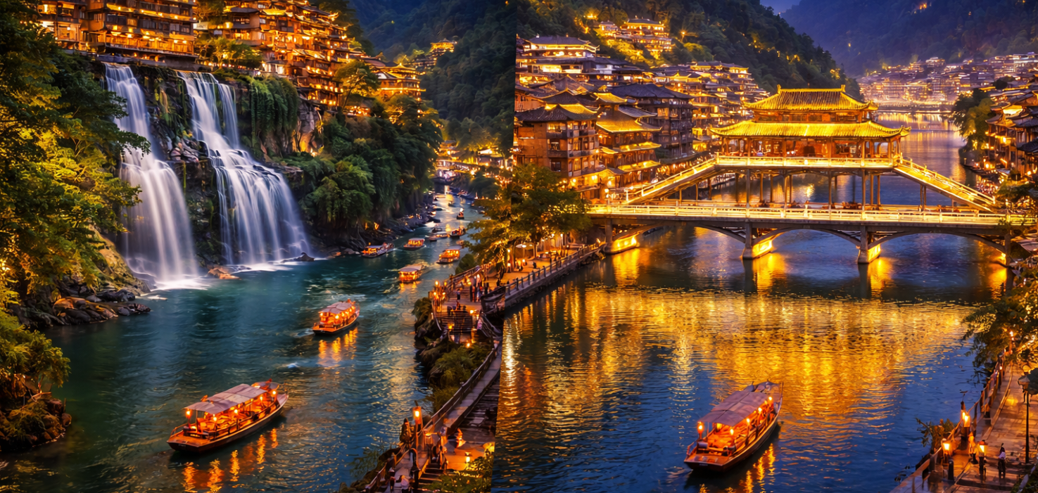 張家界（車程約1.5小時）芙蓉古鎮(含遊船+環保車) （車程約1.5小時）鳳凰～鳳凰古城(含接駁車)【古城牆、石板街、北門跳岩、虹橋風雨樓、夜遊古鎮璀璨夜景】