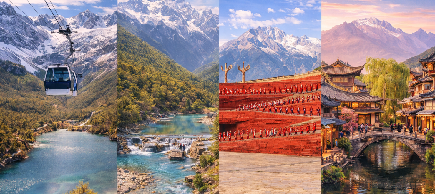 麗江【玉龍雪山景區(雲杉坪(纜車+棧道電瓶車)、玉水寨、白水河、藍月谷(含電瓶車)、印象麗江秀)、束河古鎮】