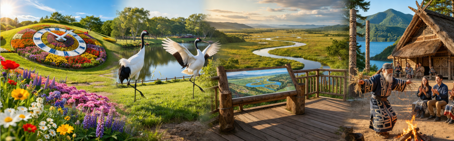 緯度最高花鐘～音更花時計／丹頂鶴公園／釧路濕原展望台／ 阿寒湖散策~愛奴族文化村~阿寒湖溫泉(或)網走溫泉
