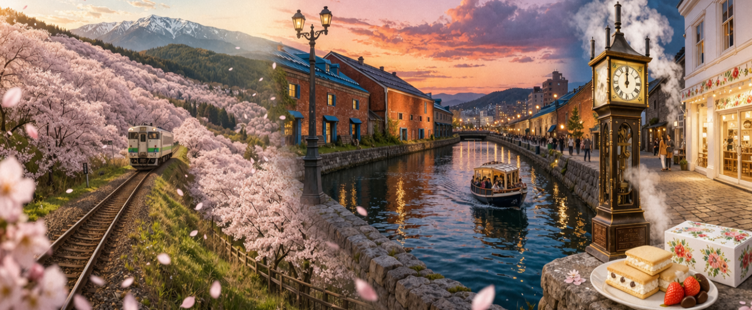 一目千本櫻～塩狩峠／免稅店／小樽運紅磚倉庫群散策～北一硝子館、音樂館、百年蒸氣時鐘、北菓樓、六花亭／今夜可自行前～大通公園～狸小路商店街