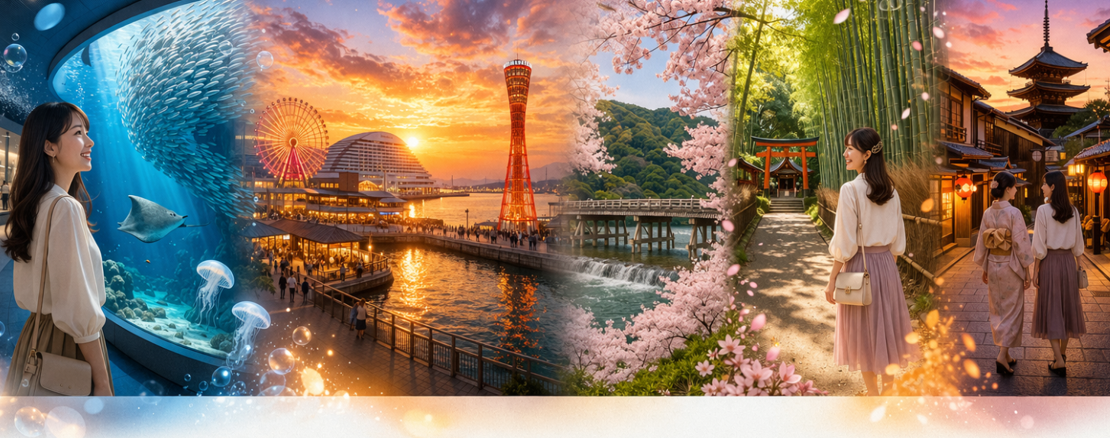 神戶新地標~神戶港水族館-átoa→神戶港區人氣場所‧摩賽克廣場→ 嵐山渡月橋~竹林步道~野宮神社→京都祇園~花見小路