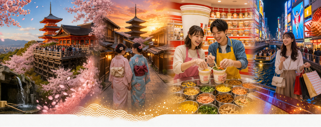 漫步世界文化遺產>>清水寺～清水舞台、三重塔、音羽瀑布～產寧坂步道→日清杯麵博物館~配製屬於自己獨一無二的杯麵→免稅店→大阪心齋橋．道頓崛商圈